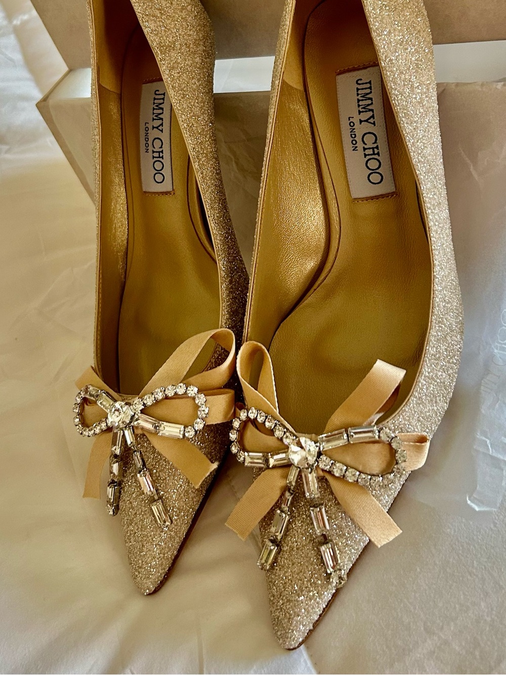 Jimmy Choo 70mm Auria Champagne Glitter Leather Bow Pumps! New! Perfect! ⭐️⭐️
